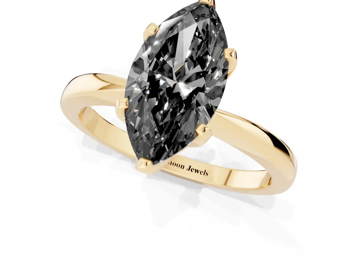 Fancy Black Marquise Cut Solitaire Engagement Ring with Six-Prong Setting and Tapered Band Yellow gold