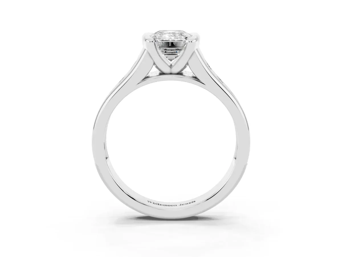 Emerald Cut Solitaire Bezel-Set Diamond Ring with Channel-Set Band Platinum