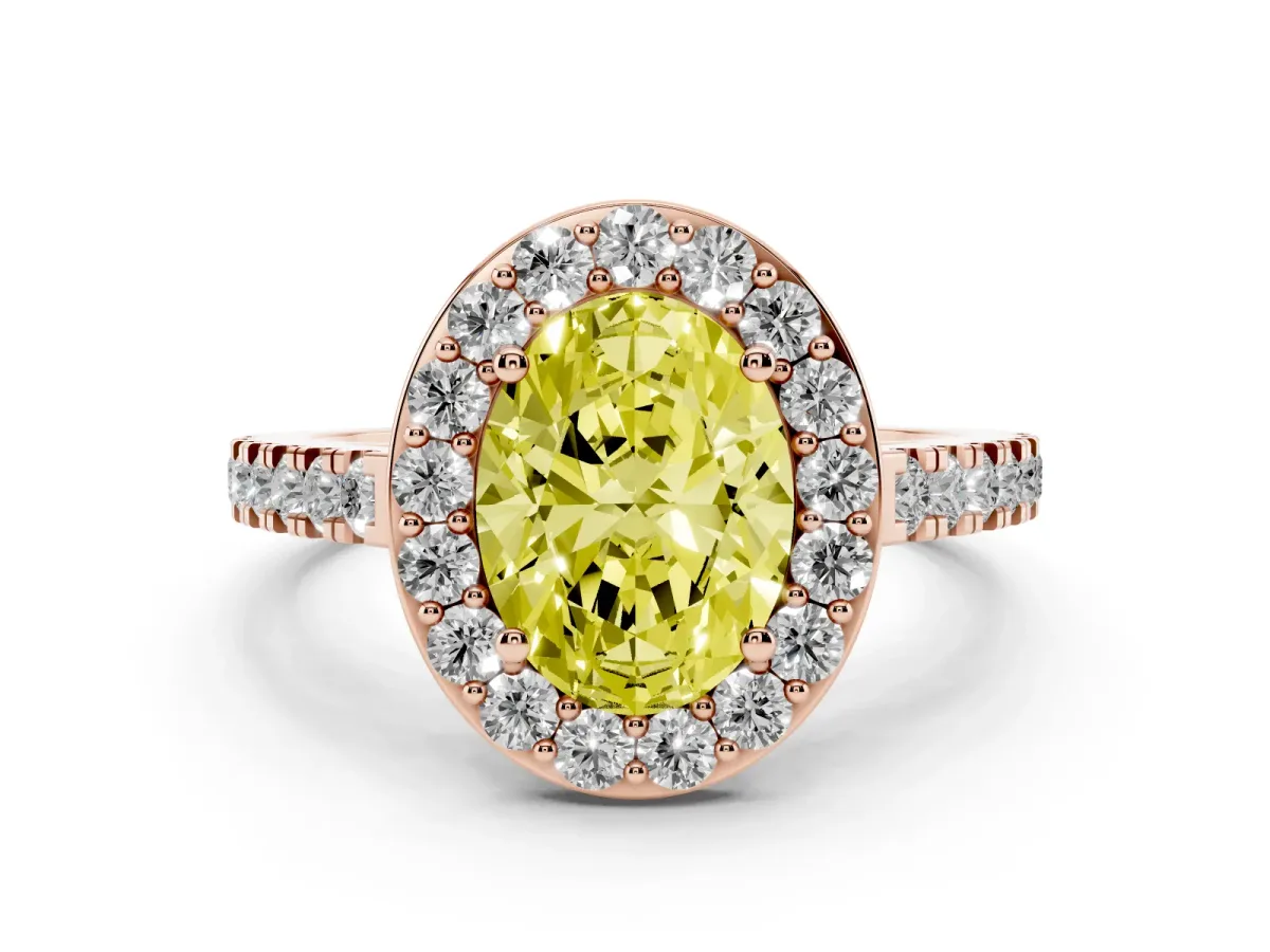 Fancy Yellow Oval Cut Diamond Halo Ring with Round Pavé Split Shank and Prong Setting Rose gold