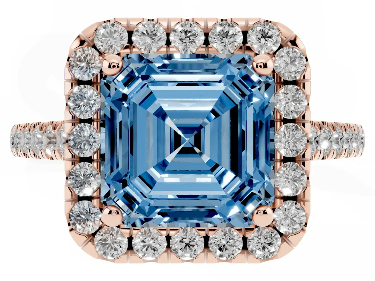 Fancy Blue Asscher Cut Halo Pavé Diamond Engagement Ring with Four-Prong Setting Rose gold
