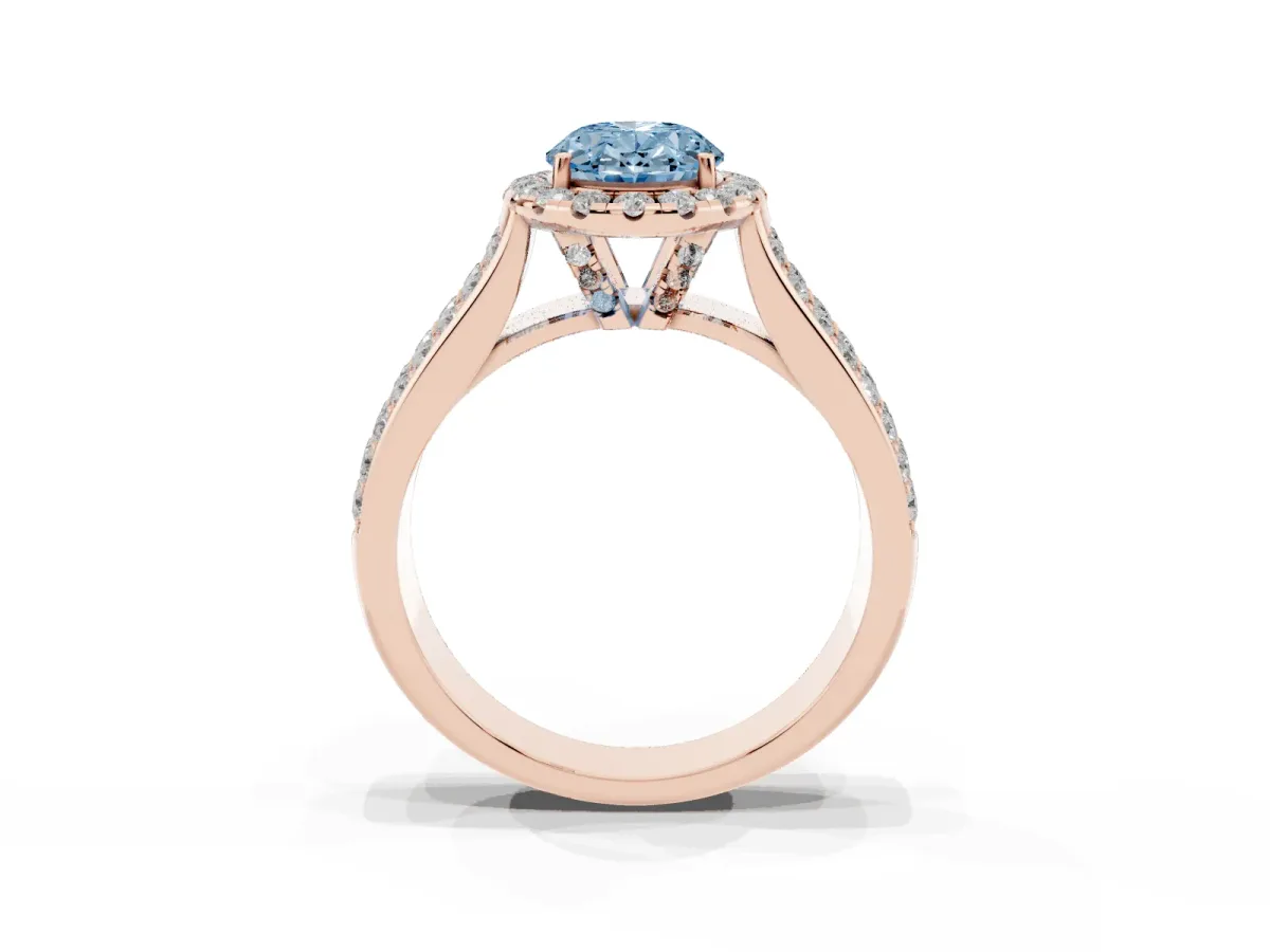 Fancy Blue Oval Cut Halo Round Diamond Pave Band with Prong Setting Rose gold
