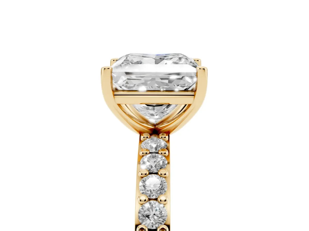 Princess Cut Cut Diamond Solitaire with Pave Band and Four-Prong Setting Yellow gold