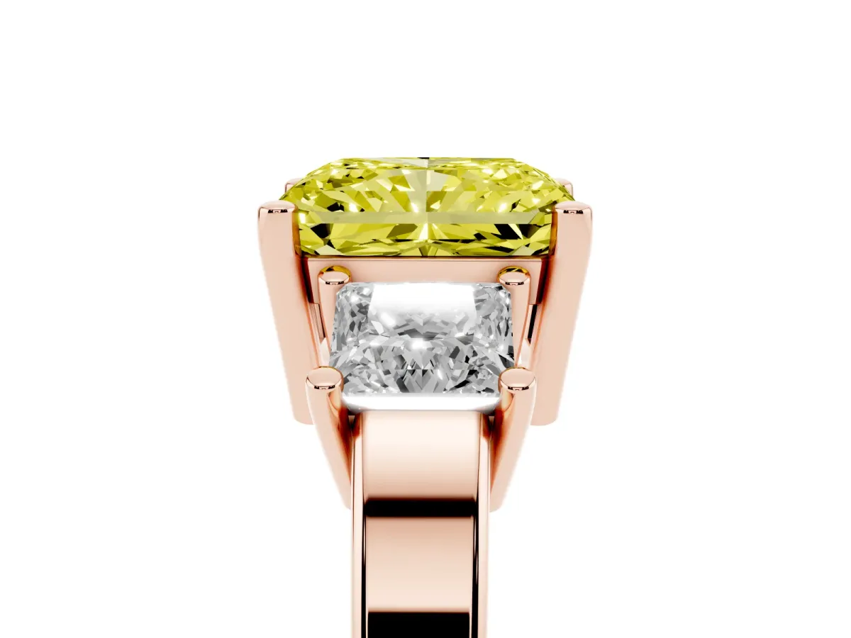 Fancy Yellow Three-Stone Radiant Cut Cut Solitaire Ring with Prong Setting Rose gold