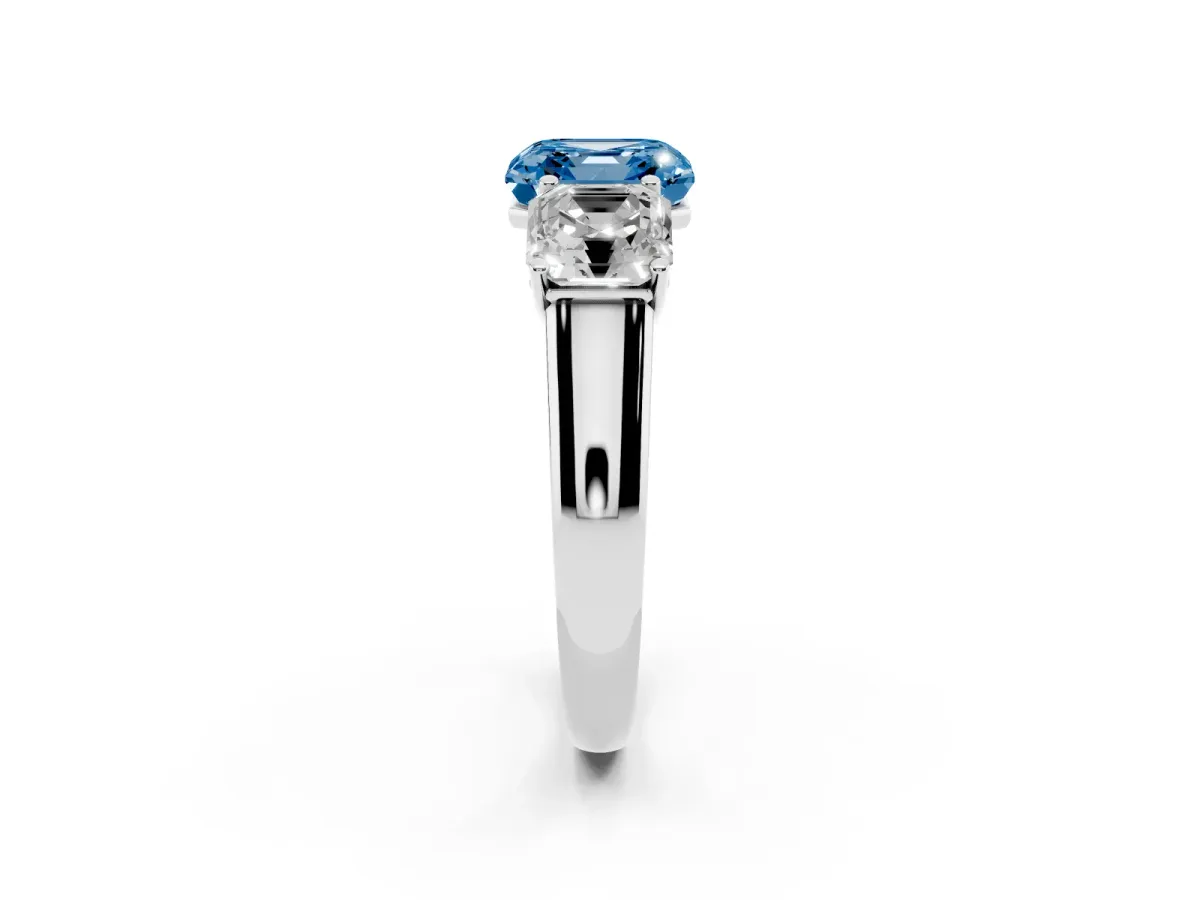 Fancy Blue Asscher Cut Three-Stone Diamond Ring with Prong Setting on a Classic Band White gold