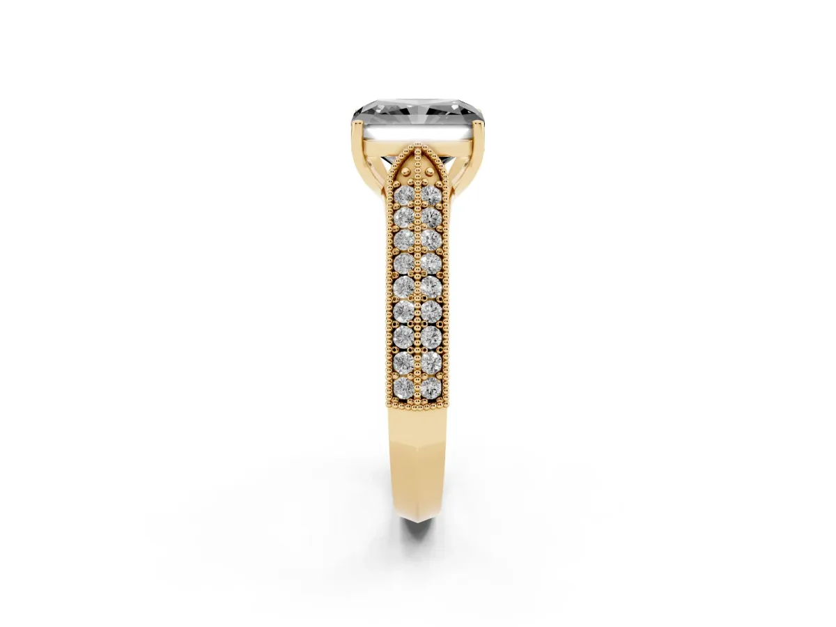 Fancy Black Radiant Cut Cut Pave Split Shank Engagement Ring with Four-Prong Setting Yellow gold