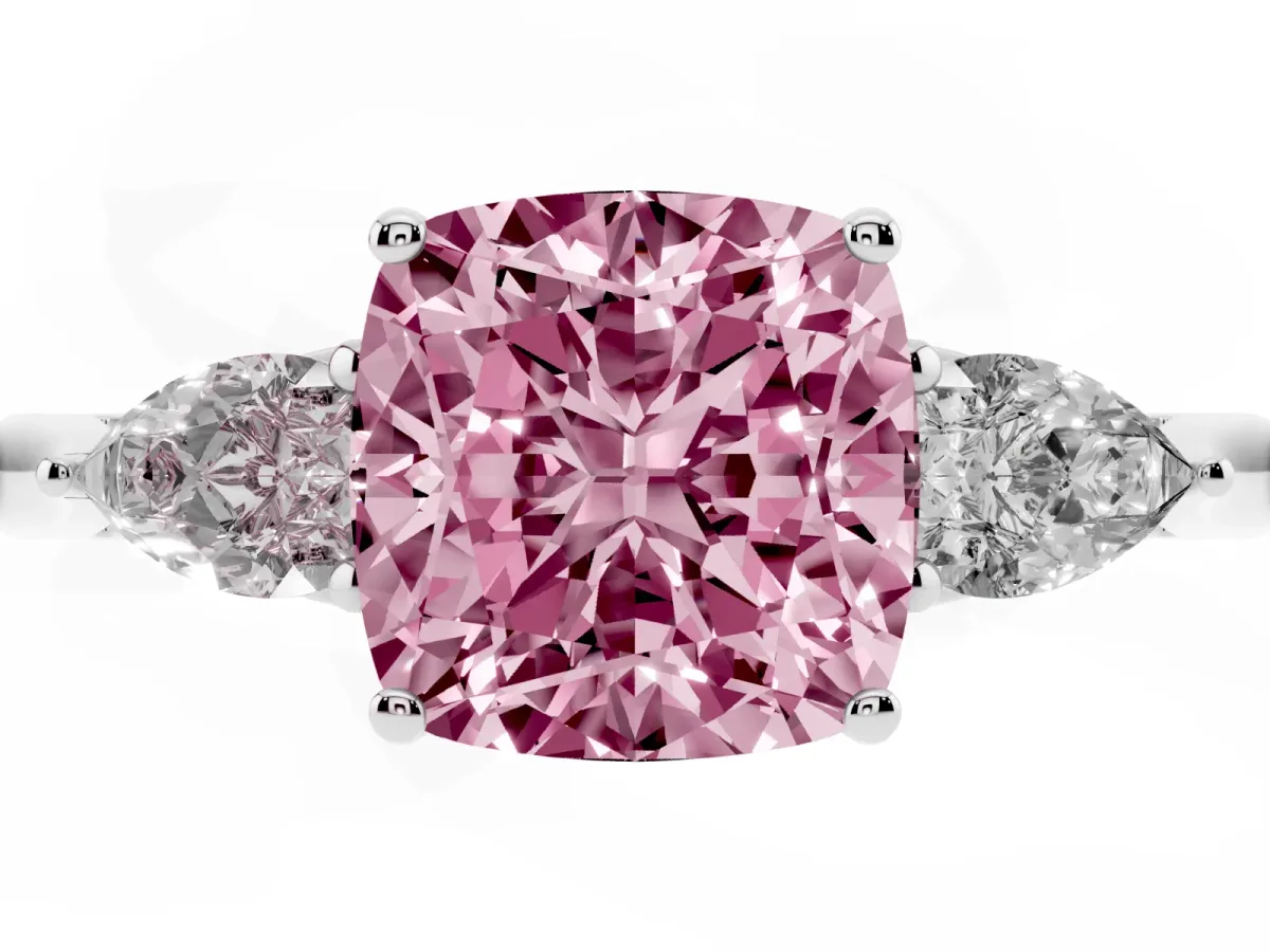 Fancy Pink Three-Stone Cushion Cut Diamond Ring with Pear Side Stones in Four-Prong Setting Platinum