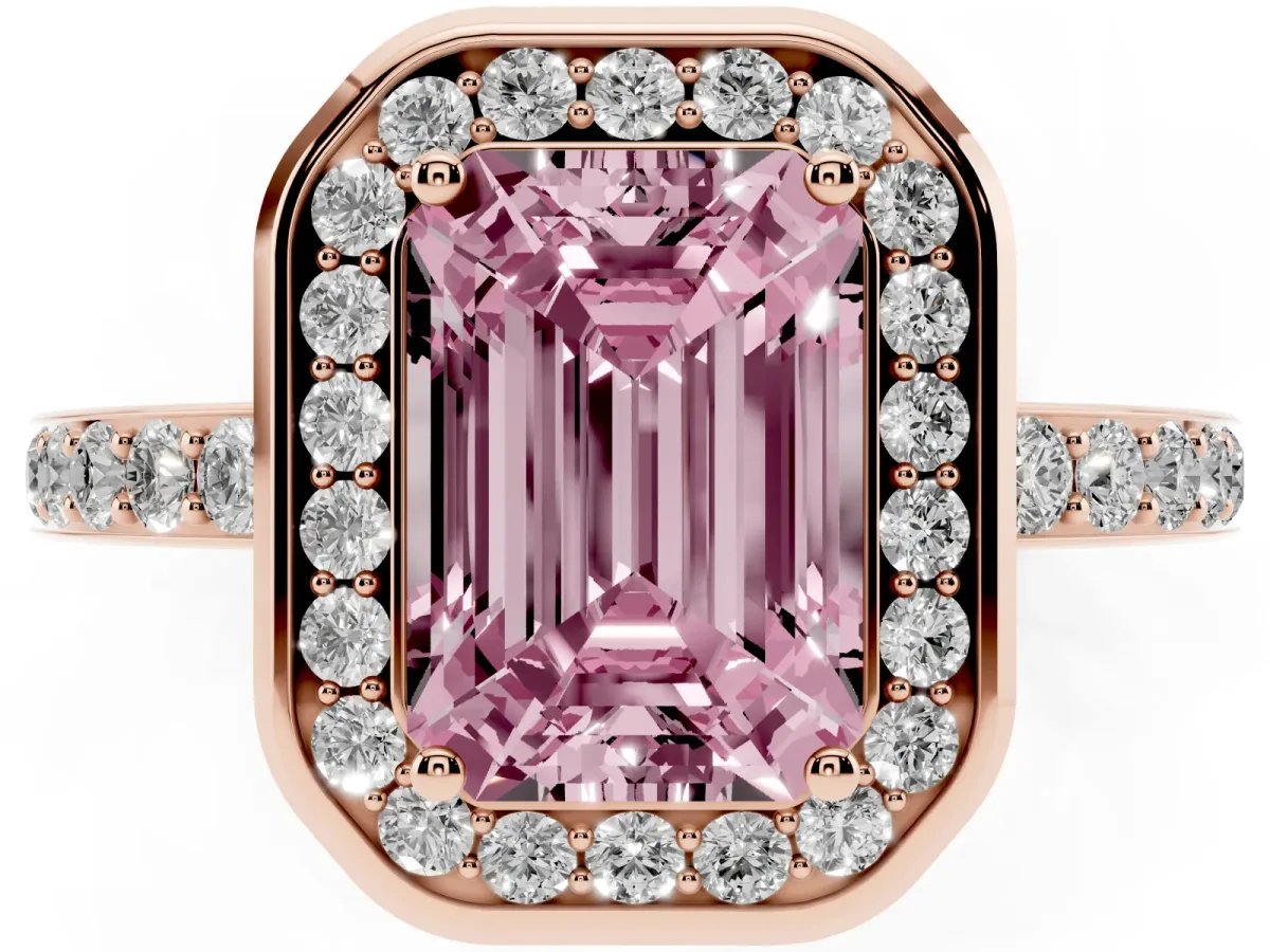 Fancy Pink Emerald Cut Diamond Halo Ring with Bezel Frame and Pavé Band Rose gold