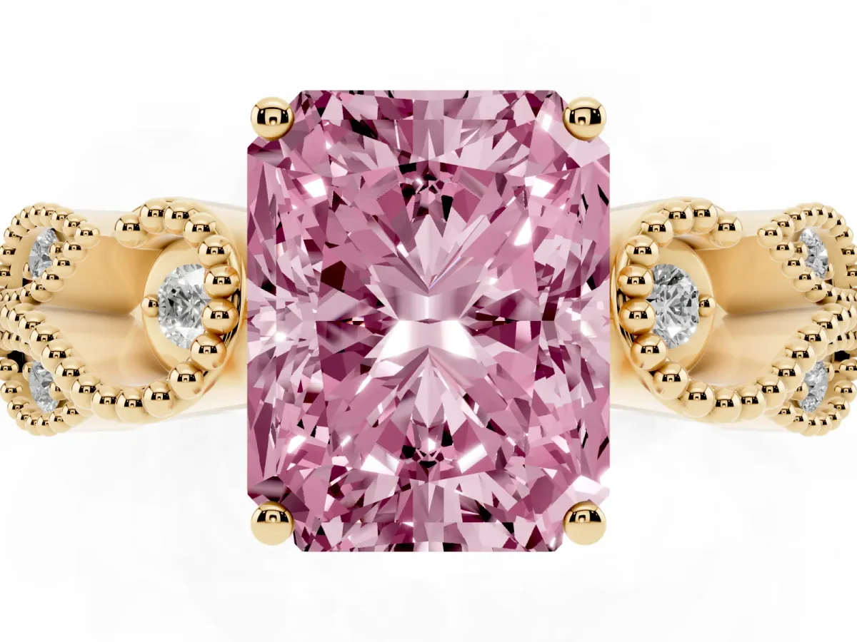 Fancy Pink Princess Cut Solitaire Milgrain Leaf Band with Prong Setting Yellow gold