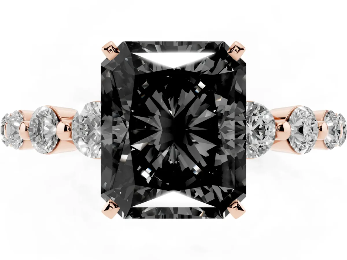 Fancy Black Radiant Cut Solitaire Diamond Ring with Pave Band and Four-Prong Setting Rose gold