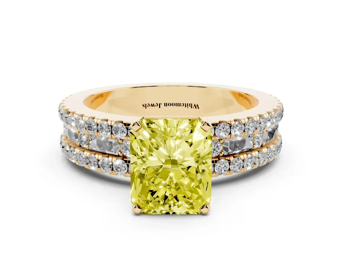 Fancy Yellow Radiant Cut Diamond Solitaire Ring with Pavé and Channel Set Band Yellow gold