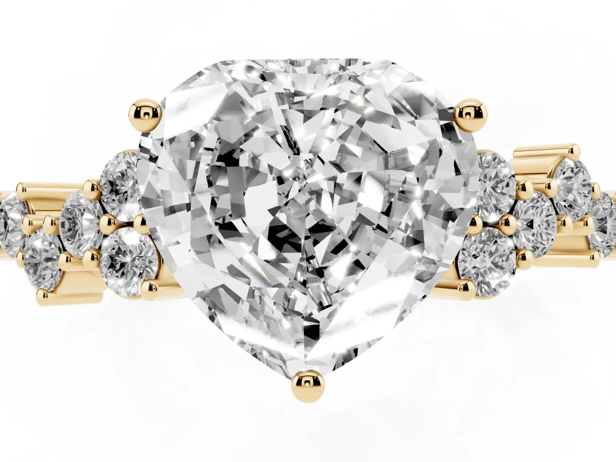 Heart Cut Diamond Scattered Round Accent Ring with Prong Setting Yellow gold