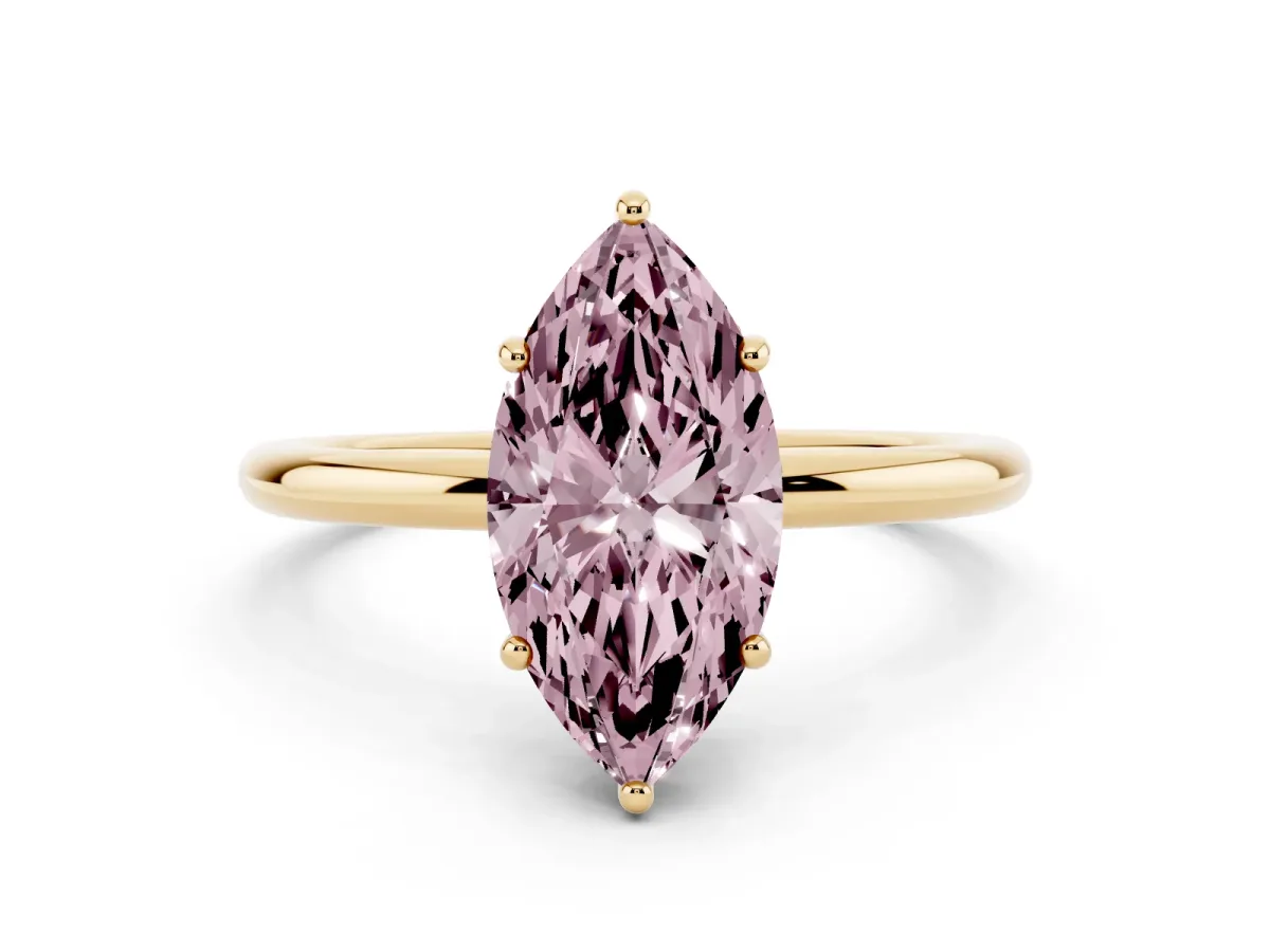 Fancy Pink Marquise Cut Solitaire Diamond Ring with a Classic Band and Four-Prong Setting Yellow gold