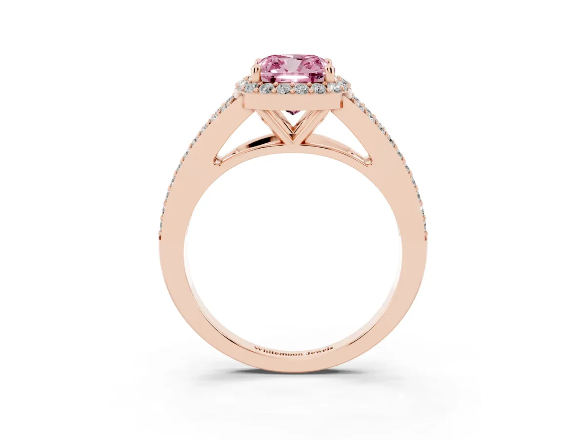Fancy Pink Cushion Cut Halo Split Shank Pave Diamond Ring with Four-Prong Setting Rose gold