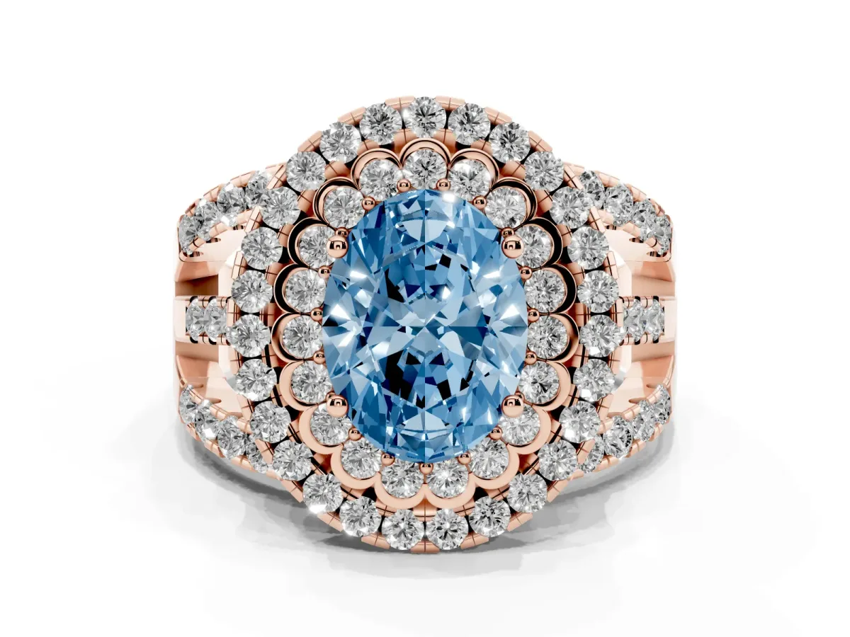 Fancy Blue Oval Cut Diamond Double Halo Ring with Round Pavé Split Shank and Prong Setting Rose gold