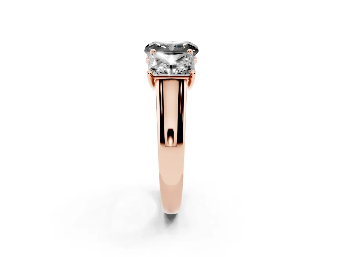 Fancy Black Radiant Cut Three-Stone Diamond Ring with Prong Setting on a Classic Band Rose gold