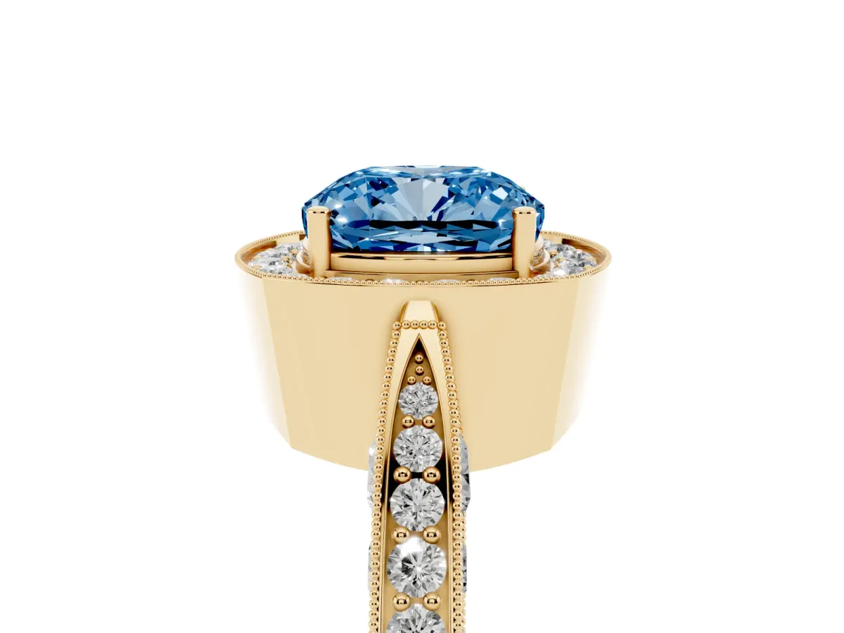 Fancy Blue Cushion Cut Halo Diamond Engagement Ring with Split Shank Band and Four-Prong Setting Yellow gold