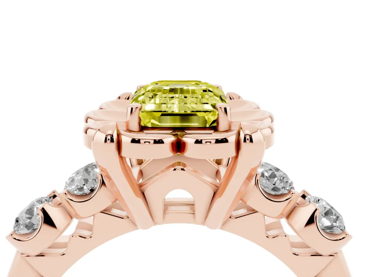 Fancy Yellow Emerald Cut Cut Diamond Floral Halo Engagement Ring with Shared Prong Setting Rose gold