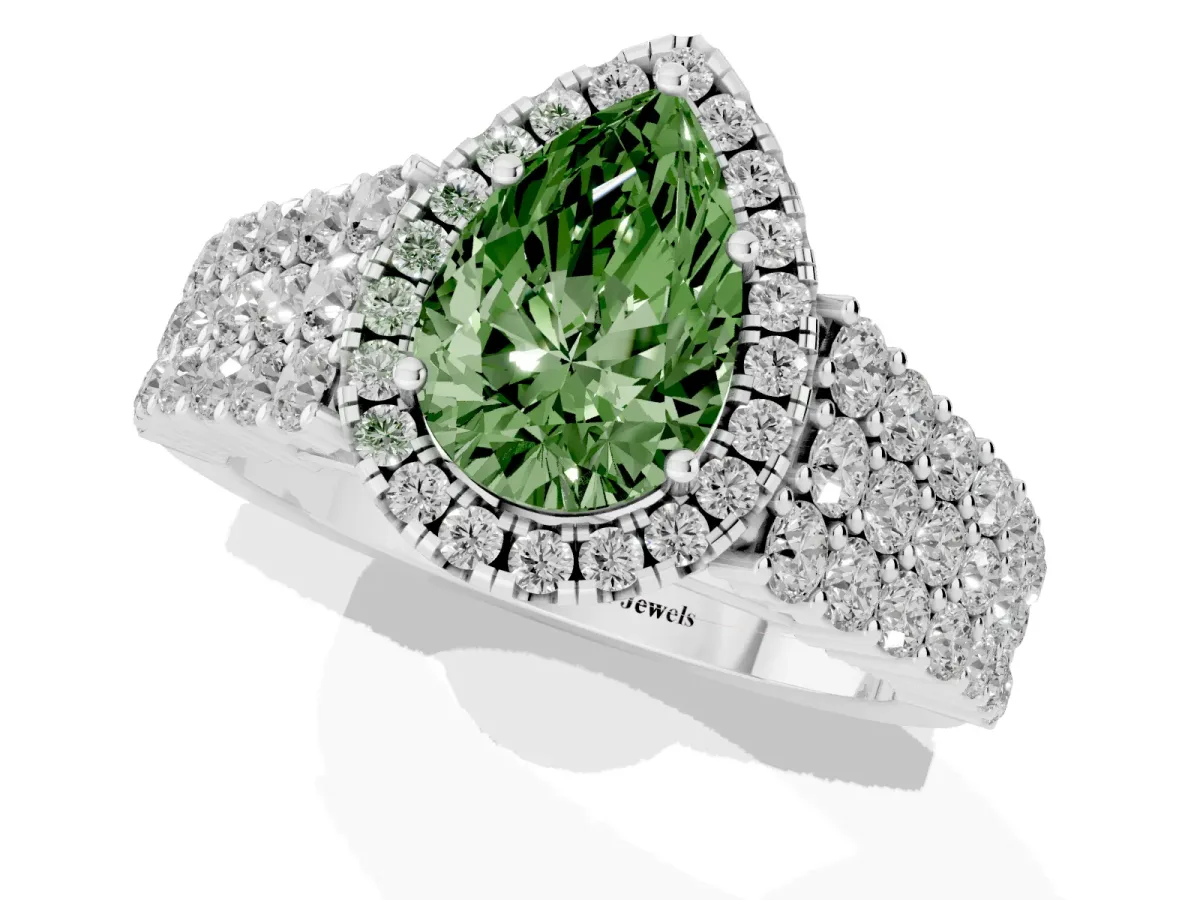Fancy Green Pear Cut Diamond Halo Engagement Ring with Triple Row Round Pavé Band and Prong Setting Silver
