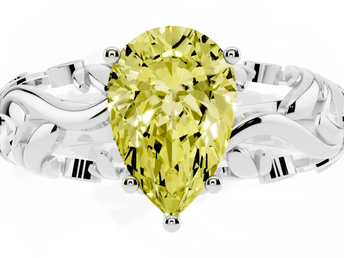 Fancy Yellow Pear Cut Solitaire Diamond Leaf-Inspired Vine Band Ring with Prong Setting Silver