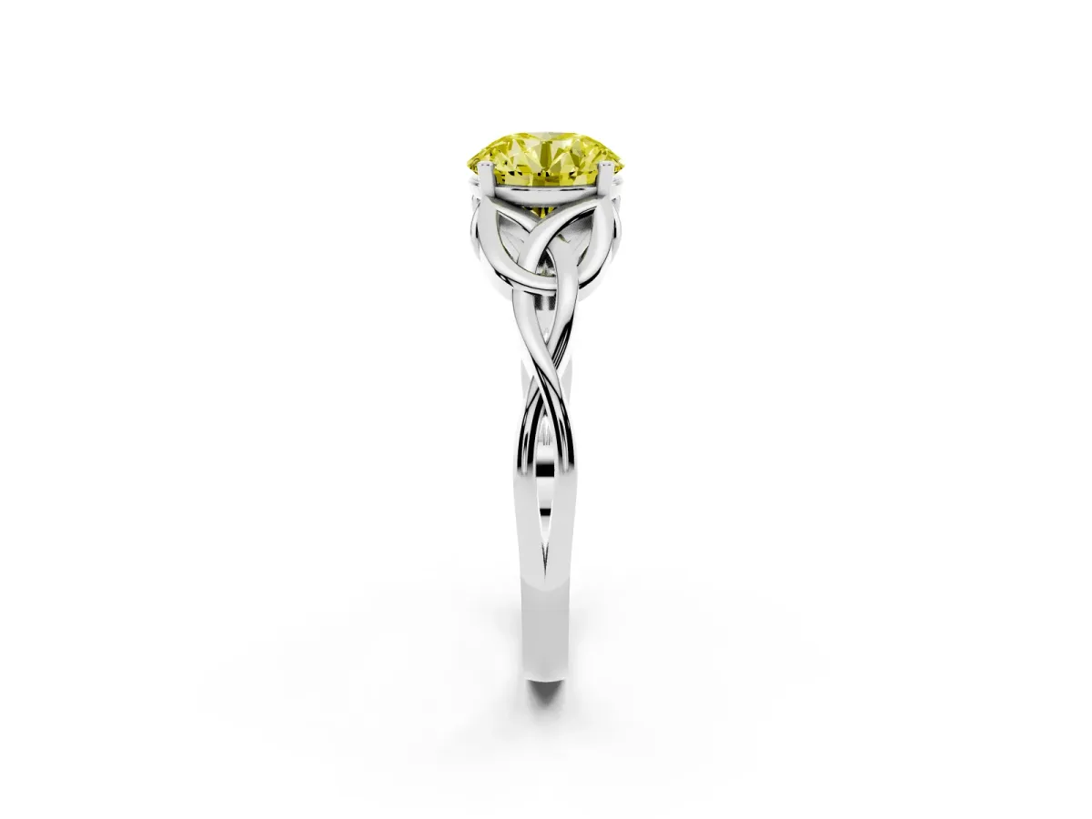 Fancy Yellow Round Cut Diamond Solitaire Engagement Ring with Celtic Knot Band and Four-Prong Setting White gold