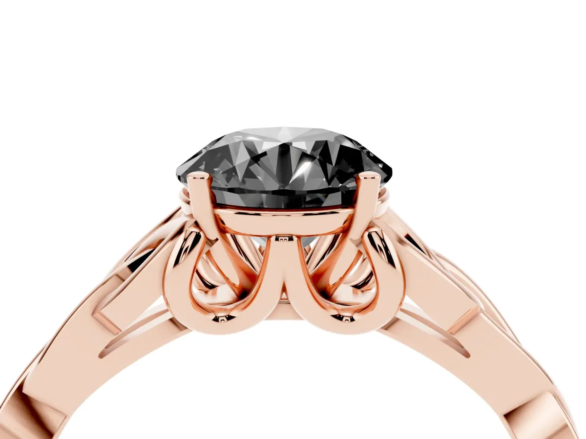 Fancy Black Round Cut Diamond Solitaire Engagement Ring with Celtic Knot Band and Four-Prong Setting Rose gold