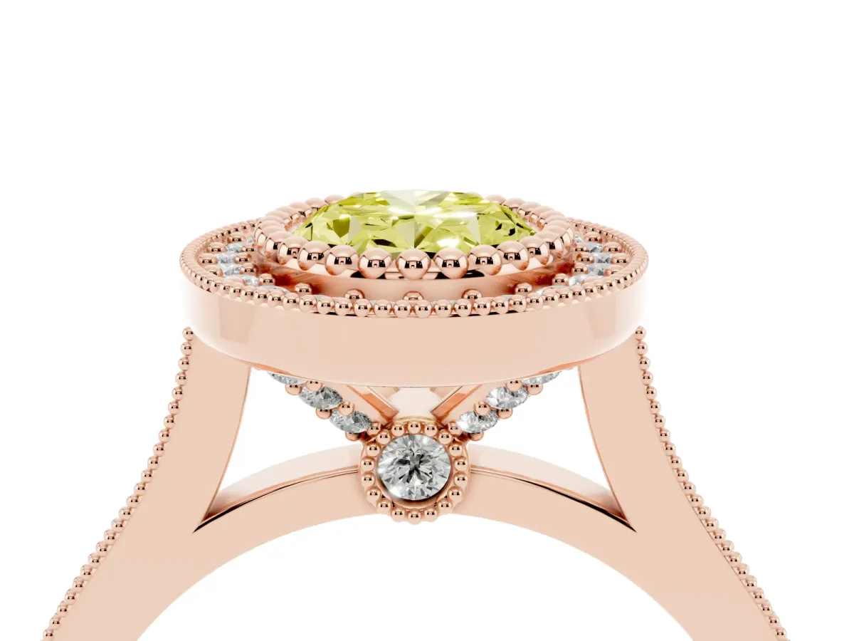 Fancy Yellow Oval Cut Diamond Halo Ring with Milgrain Frame and Pavé Band Rose gold