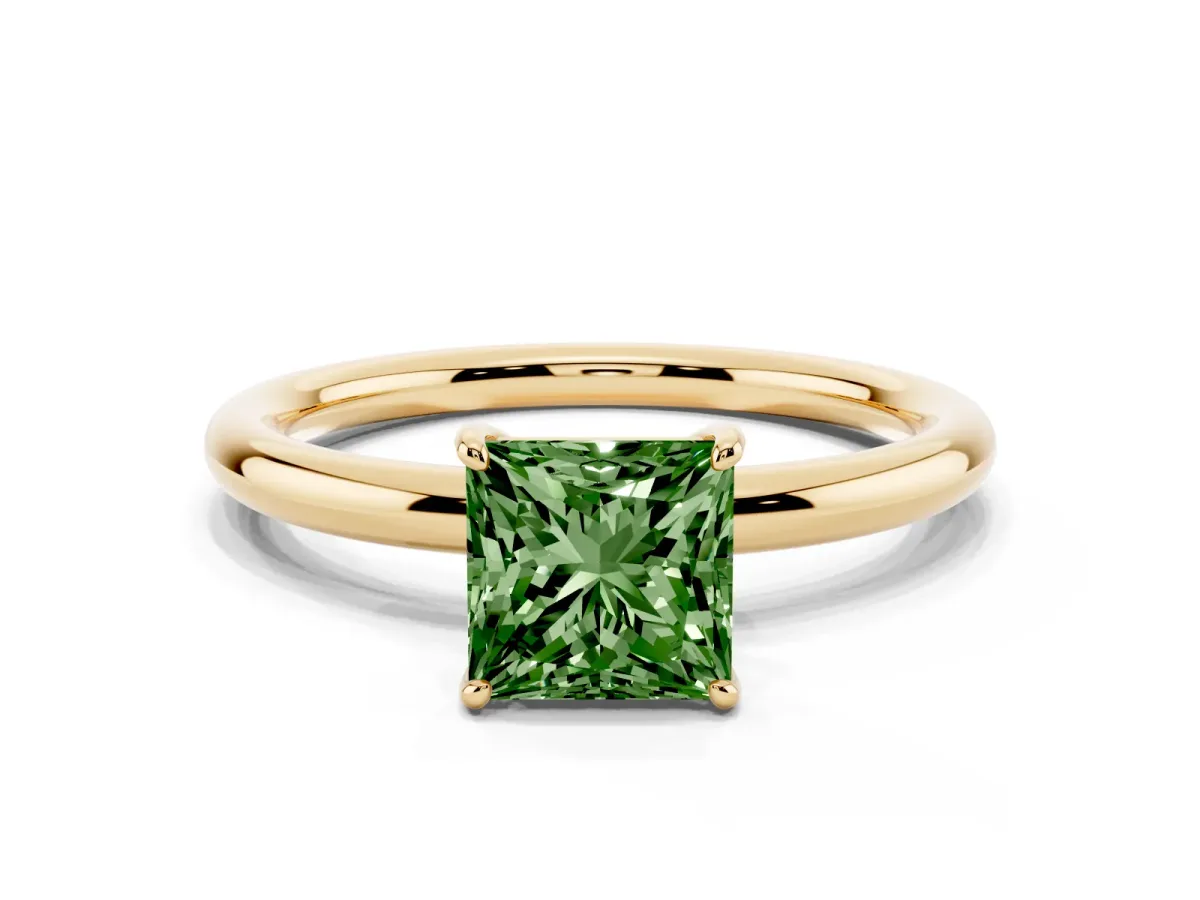 Fancy Green Princess Cut Solitaire Diamond Ring with Four-Prong Setting on a Plain Band Yellow gold
