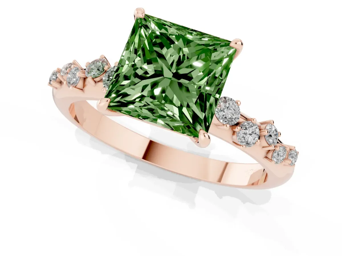 Fancy Green Princess Cut Diamond Cluster Prong-Set Solitaire Ring Rose gold