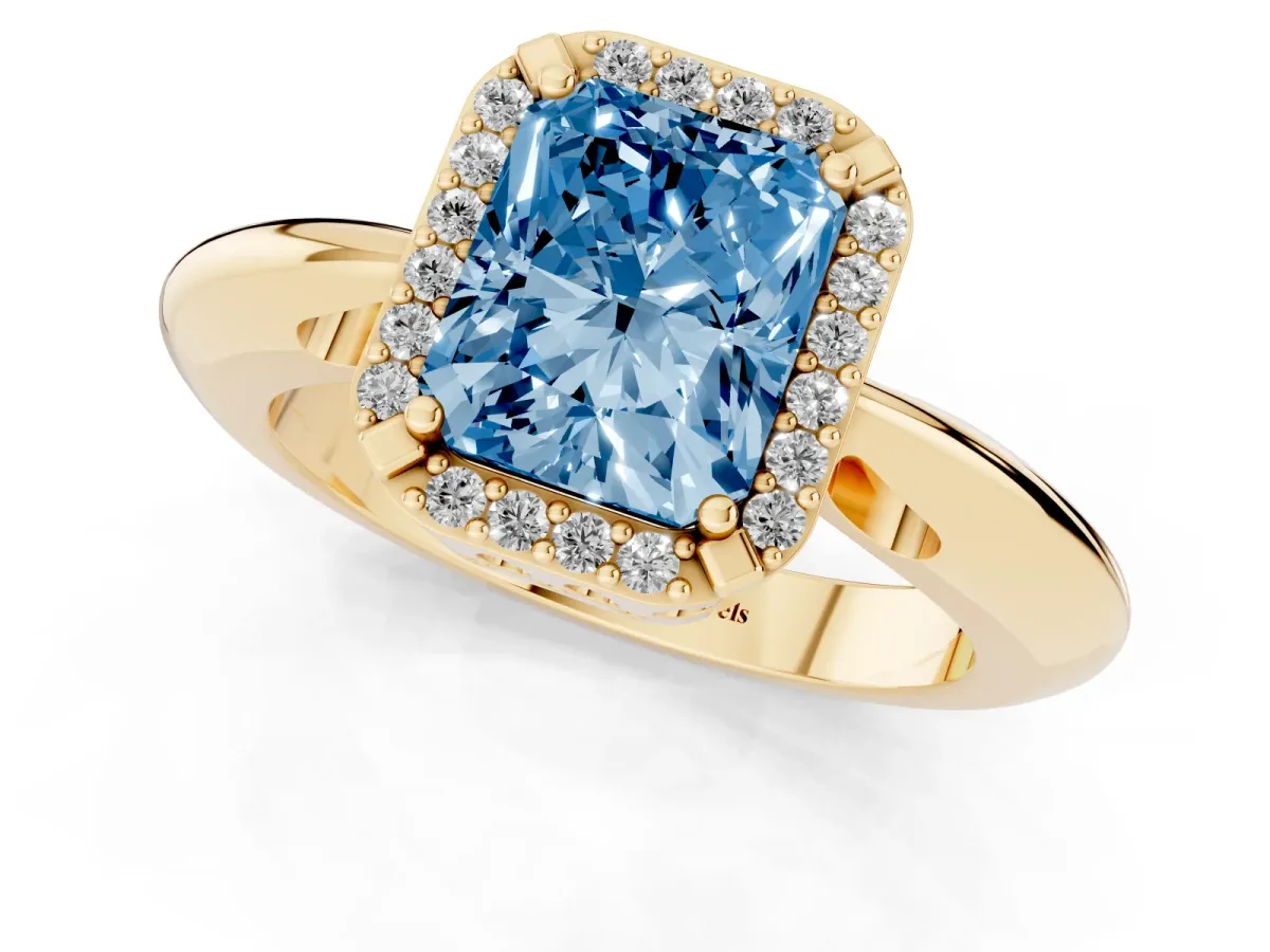 Fancy Blue Radiant Cut Cut Diamond Halo Engagement Ring with Split Shank and Four-Prong Setting Yellow gold