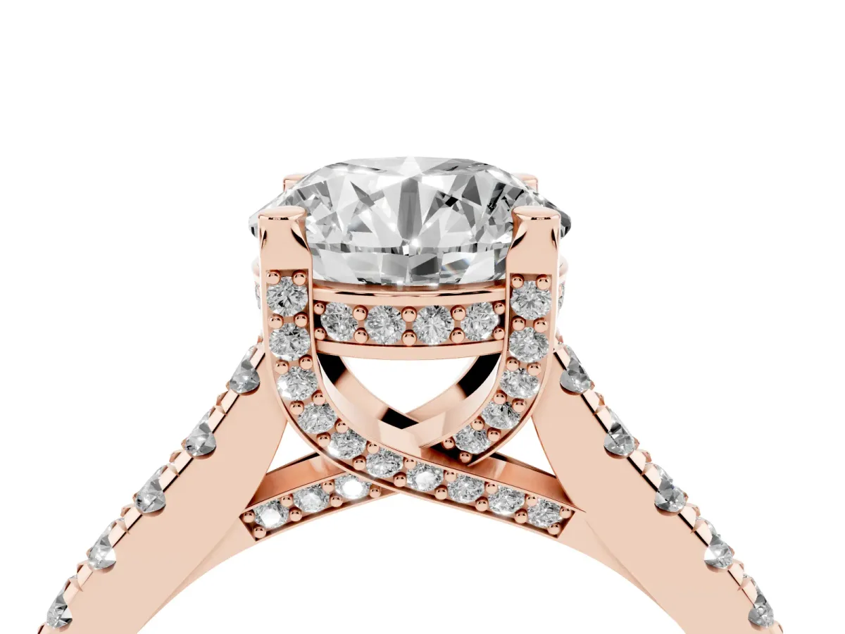 Round Cut Brilliant Diamond Solitaire with Pavé Band and Four-Prong Setting Rose gold