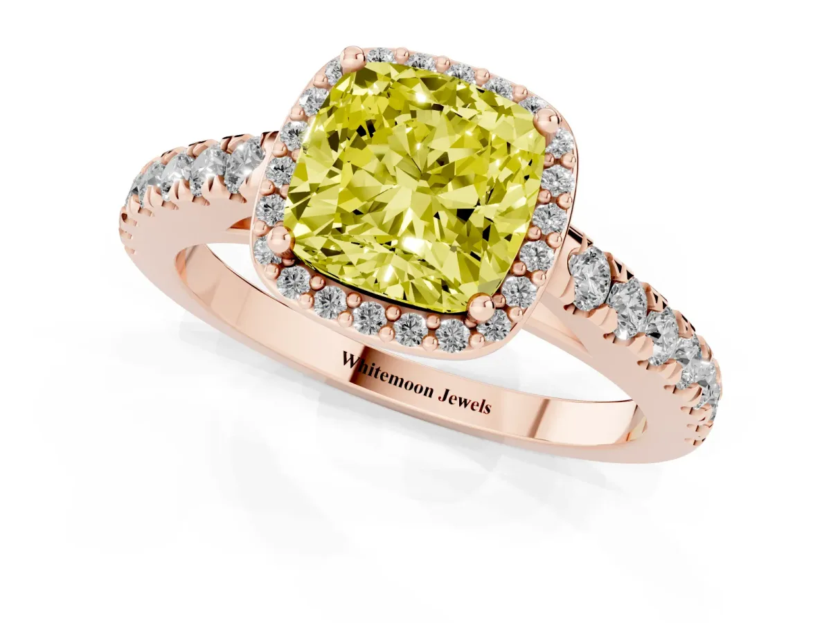Fancy Yellow Cushion Cut Cut Halo Diamond Engagement Ring with Pave Band and Four-Prong Setting Rose gold