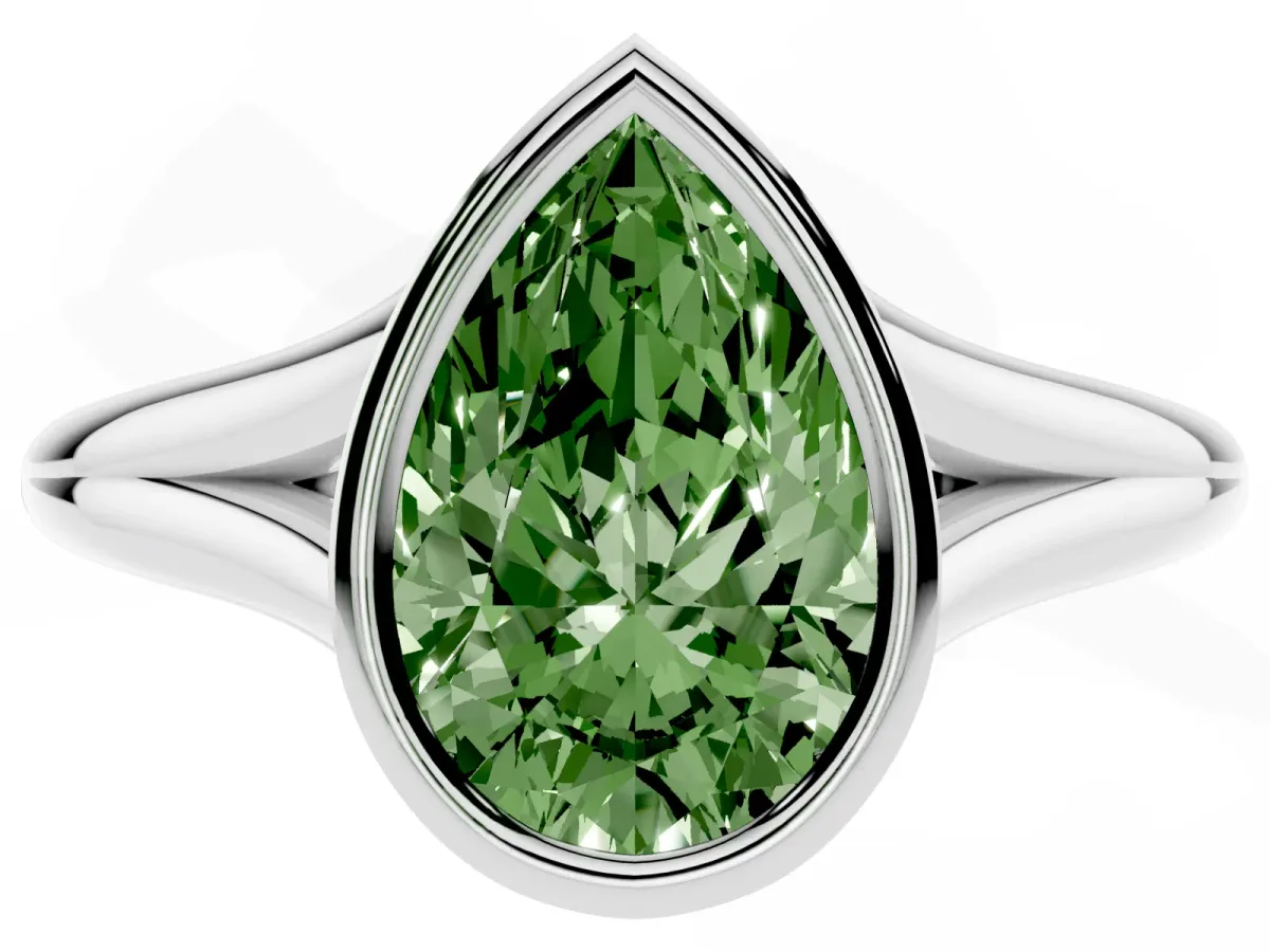 Fancy Green Bezel Set Pear Cut Cut Solitaire Ring with Tapered Band Silver