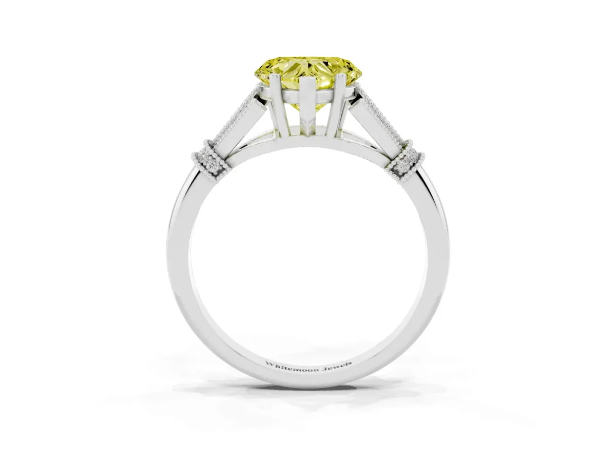 Fancy Yellow Heart Cut Diamond Solitaire Ring with Floral Filigree and Pave Accents Platinum