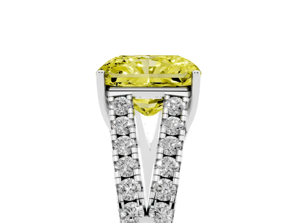 Fancy Yellow Radiant Cut Diamond Split Shank Pavé Engagement Ring with Four-Prong Setting Platinum