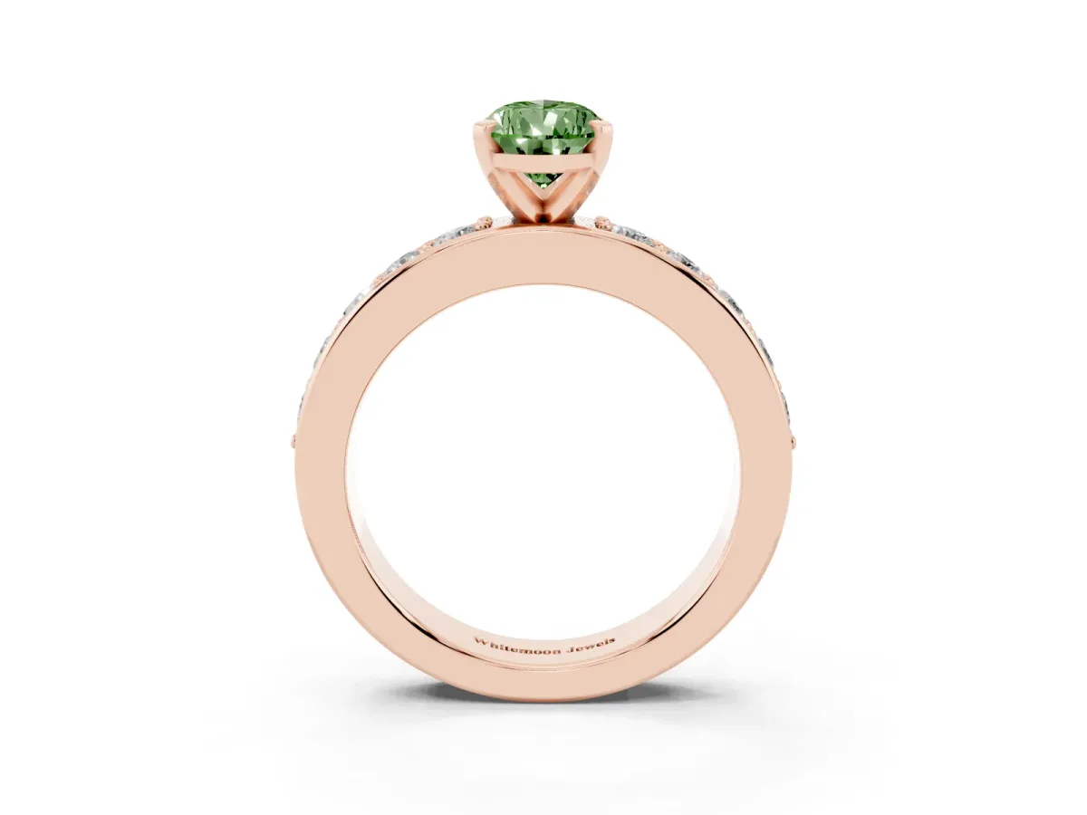Fancy Green Pear Cut Diamond Engagement Ring with Channel Set Round Band and Prong Setting Rose gold