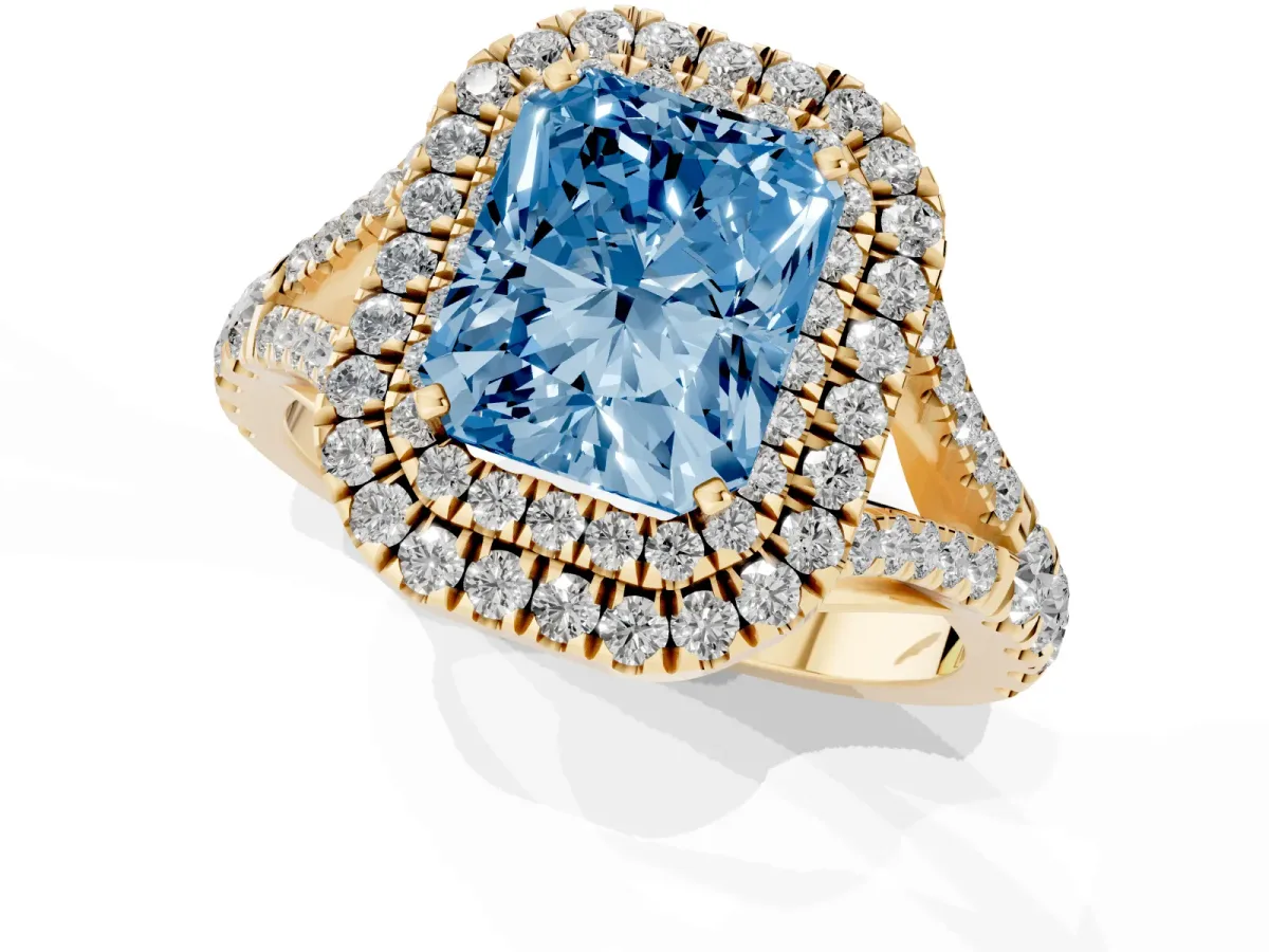 Fancy Blue Radiant Cut Diamond Double Halo Ring with Split Shank and Prong Setting Yellow gold