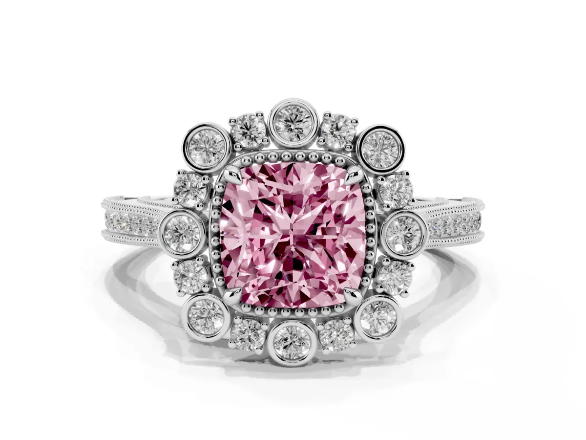 Fancy Pink Cushion Cut Halo Milgrain Pave Diamond Ring with Four-Prong Setting Silver