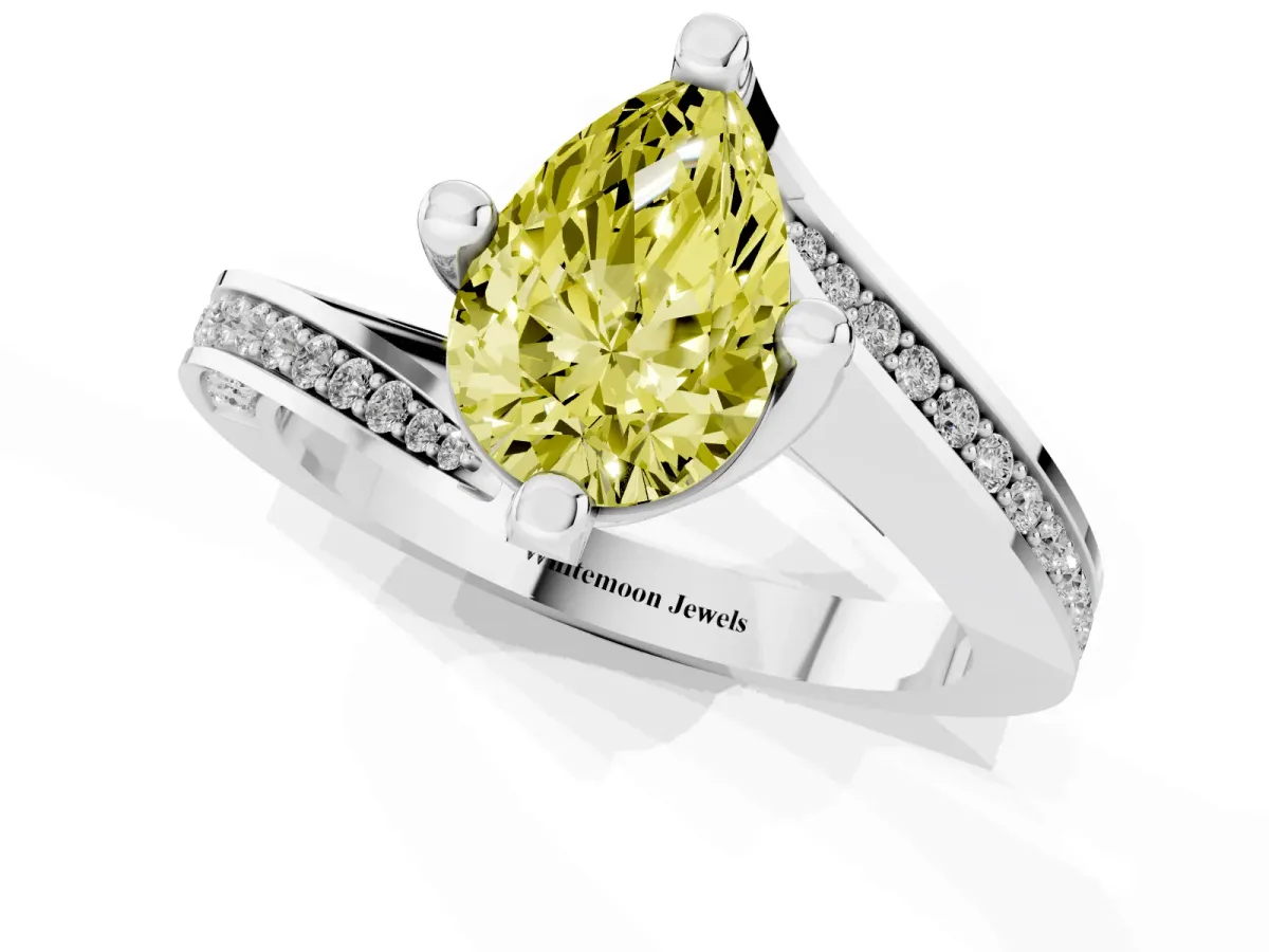Fancy Yellow Pear Cut Solitaire Diamond Twist Band with Pavé Setting and Four-Prong Setting Silver