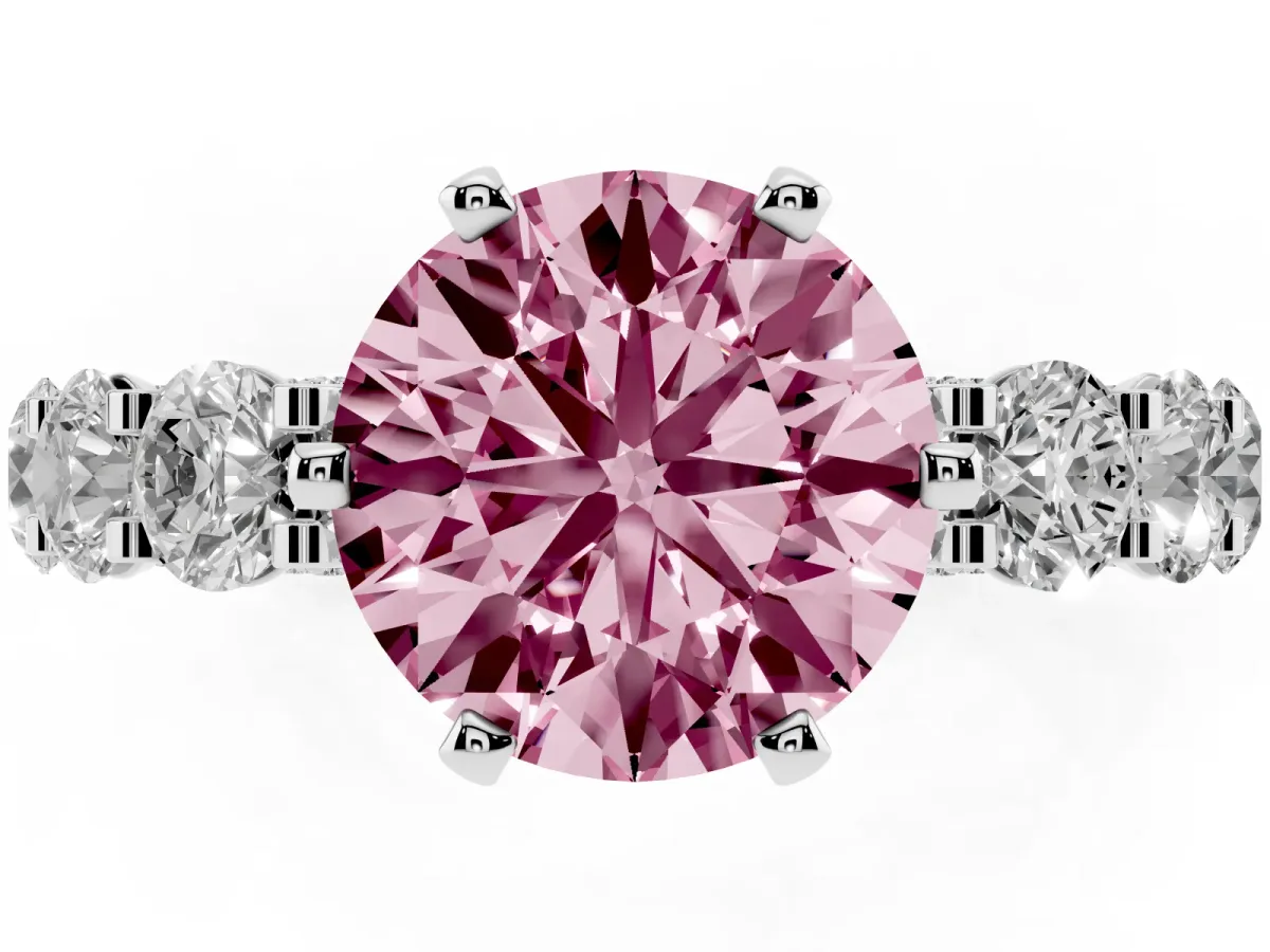 Fancy Pink Round Cut Diamond Side Stone Engagement Ring with Four-Prong Setting Silver