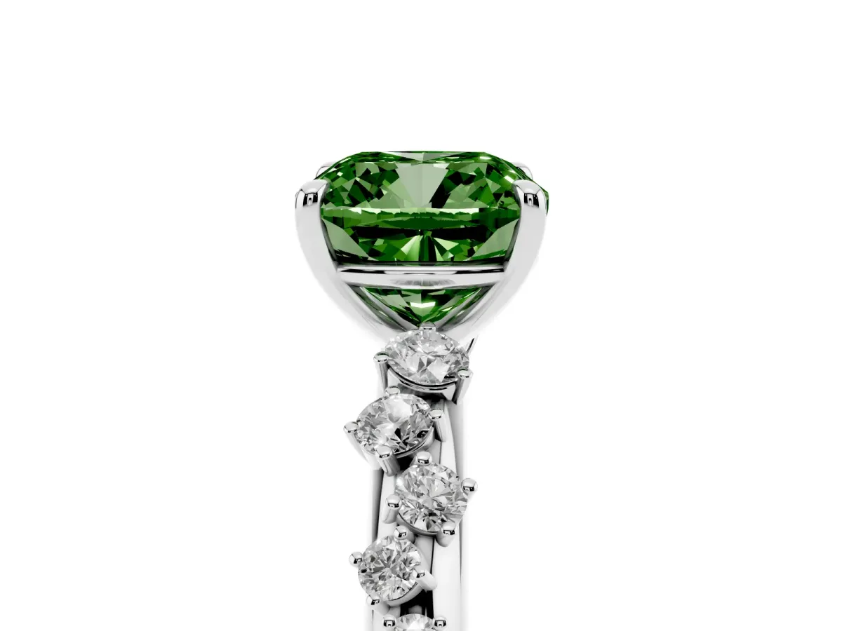 Fancy Green Cushion Cut Diamond Cluster Prong-Set Solitaire Ring Silver
