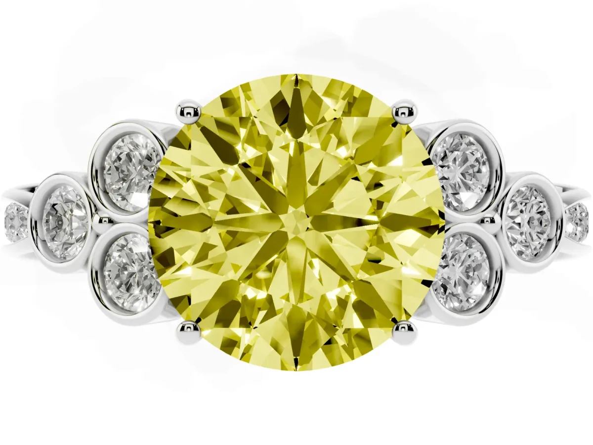 Fancy Yellow Round Cut Cut Diamond Engagement Ring with Bezel Set Round Side Stones and Prong Setting Silver