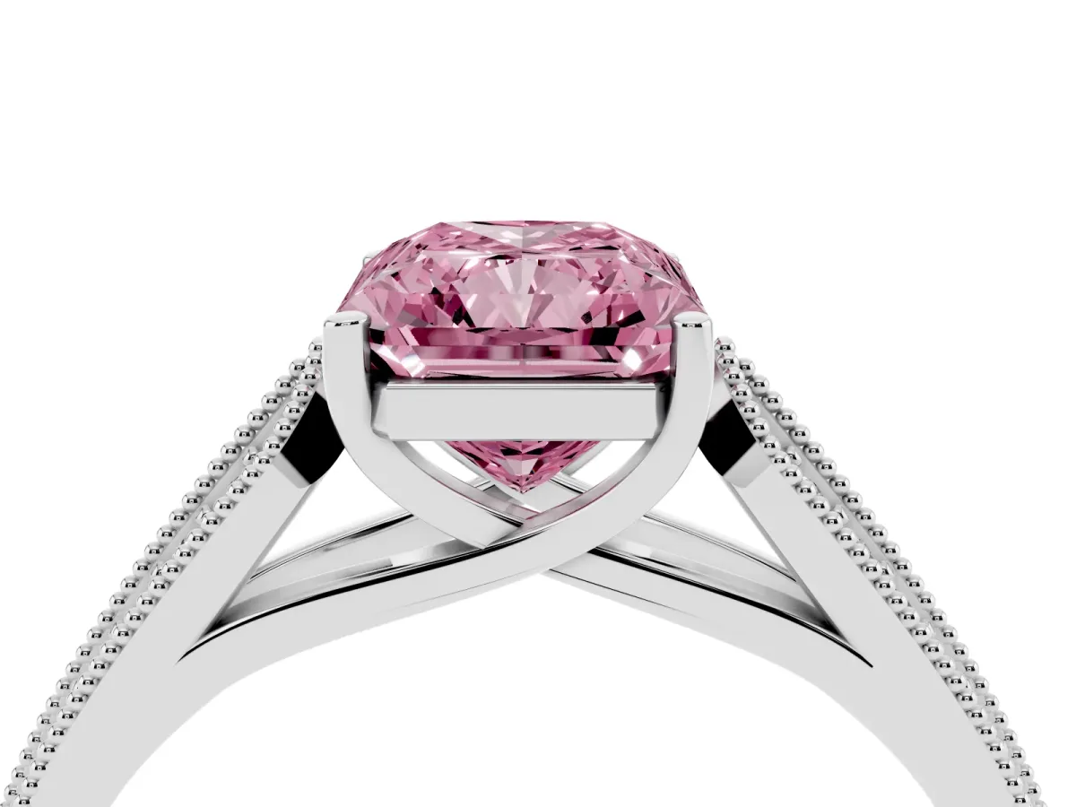 Fancy Pink Radiant Cut Cut Pave Split Shank Engagement Ring with Four-Prong Setting White gold