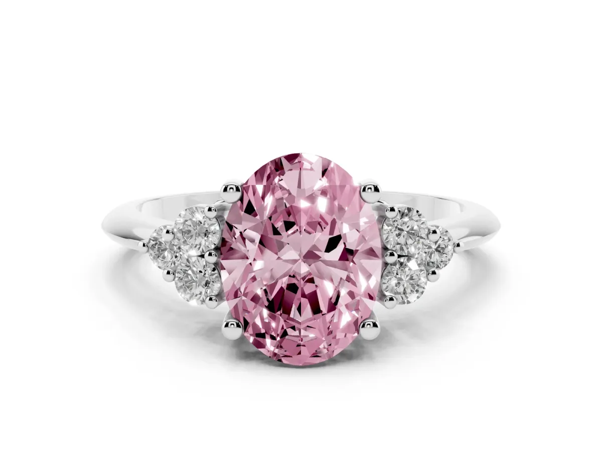 Fancy Pink Oval Cut Cut Diamond Cluster Ring with Solitaire Band and Four-Prong Setting Silver