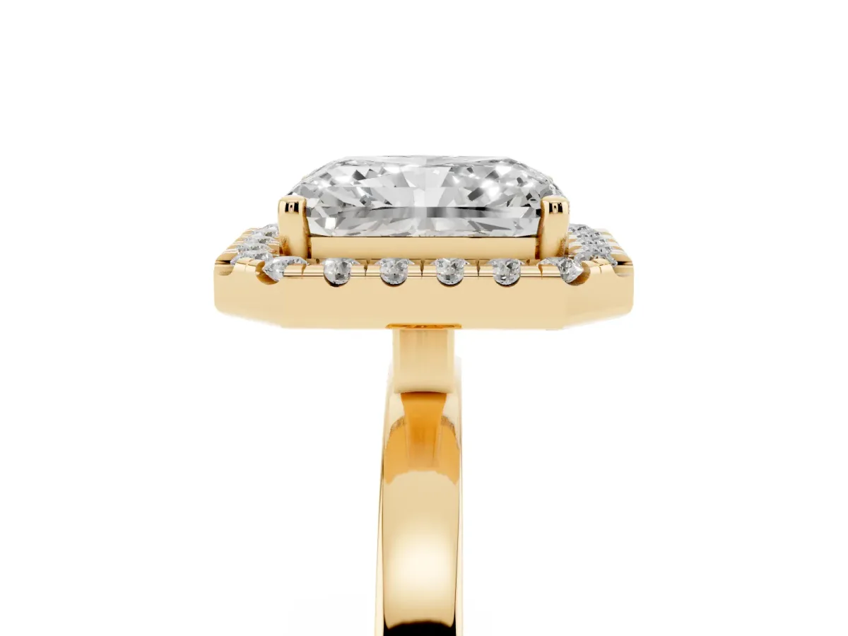 Radiant Cut Halo Diamond Solitaire with Pavé Band and Four-Prong Setting Yellow gold