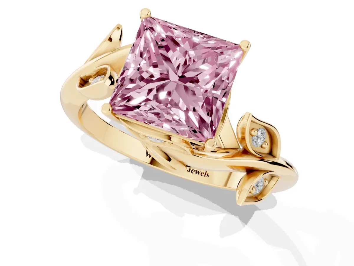 Fancy Pink Princess Cut Solitaire Twist Engagement Ring with Leaf Accents and Prong Setting Yellow gold
