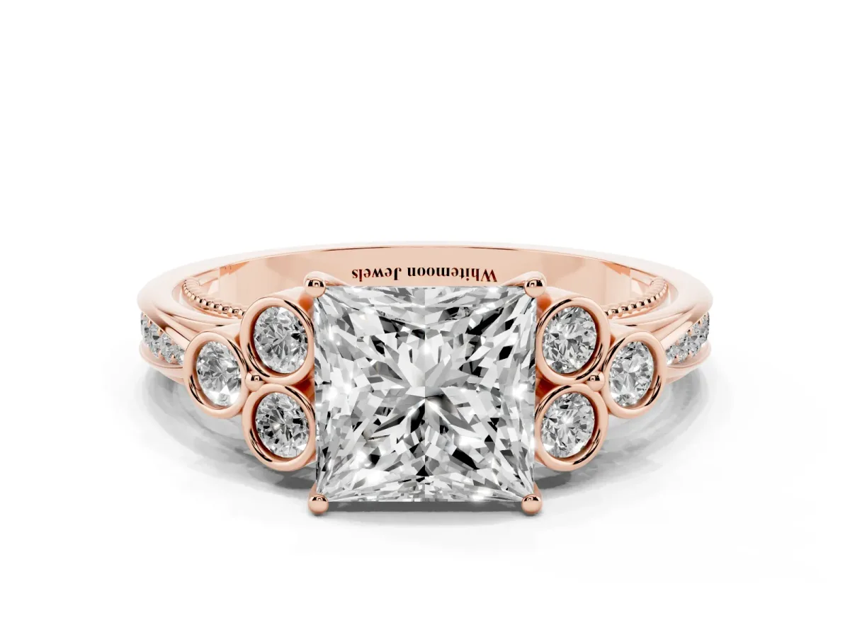 Princess Cut Cut Diamond Engagement Ring with Bezel Set Round Side Stones and Prong Setting Rose gold