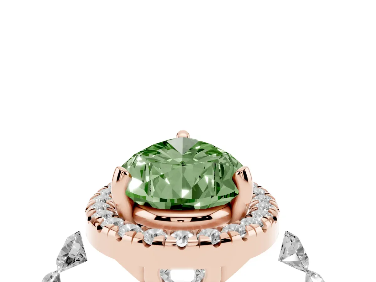 Fancy Green Pear Cut Halo Pavé Diamond Engagement Ring with Four-Prong Setting Rose gold