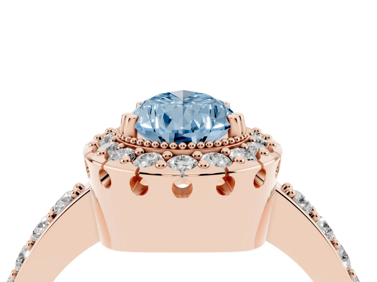 Fancy Blue Pear Cut Diamond Halo Ring with Pavé Band and Prong Setting Rose gold