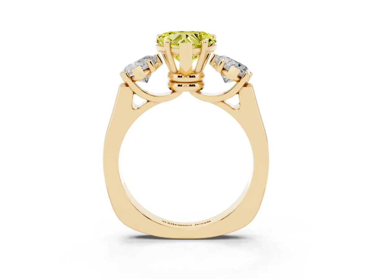 Fancy Yellow Three-Stone Heart Cut Brilliant Diamond Trellis Ring with Comfort Fit Band Yellow gold