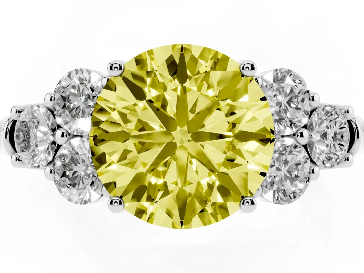 Fancy Yellow Round Cut Cut Diamond Cluster Ring with Round Accent Stones and Prong Setting on a Classic Band Platinum
